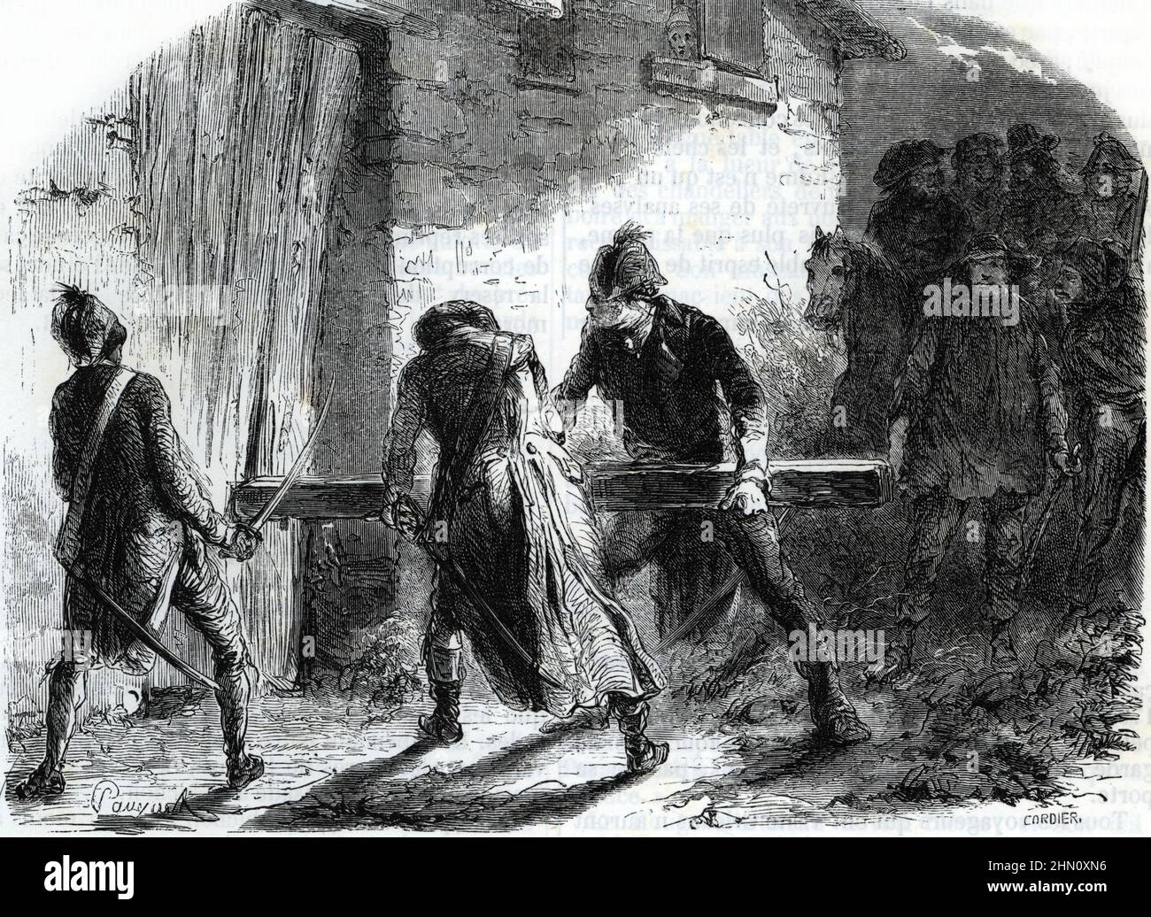 Repräsentation des chauffeurs au travail, Bande de malfaiteurs, specializes dans les cambriolages, ici en train de defoncer la porte d'une demeure en peine nuit (Chauffeur-Typ des französischen Verbrechers aktiv von den 18th bis zu den 20th Jahrhunderten - in Banden führten sie Hausinvasionen auf abgelegenen ländlichen Wohnungen durch, Dann folterten sie die Haushälter, um die Verstecke von Ersparnissen oder Wertsachen zu enthüllen) Gravure tiree de ' verursacht camebres de tous les peuples' d'Armand Fouquier 1862 Collection privee Stockfoto