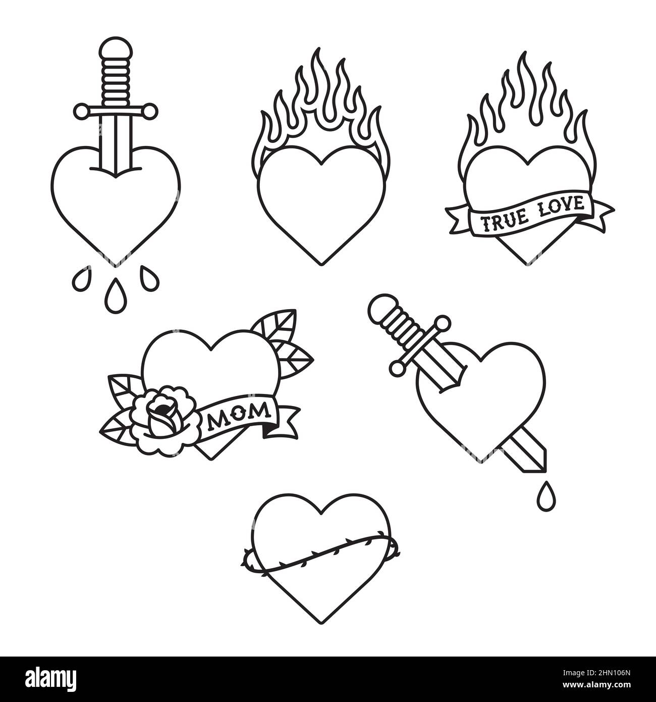 Traditionelles American Old School Tattoo Set. Herz-Tattoos mit Dolchen, Rosen, Schriftrollen und Feuer, Dornenkronen und Blutstropfen. Schwarze und weiße Linie Stock Vektor
