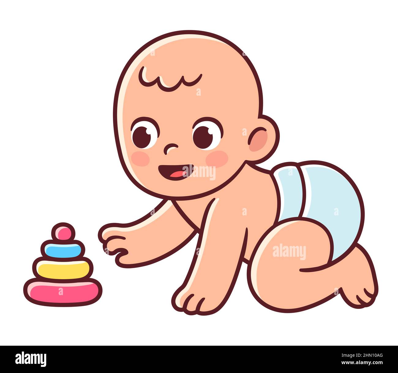 Nettes kleines Baby kriechen und greifen nach Spielzeug-Pyramide. Kind Entwicklung Zeichnung, Vektor Clip Art Illustration. Stock Vektor