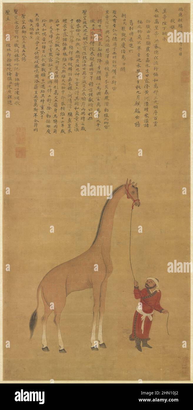 Tribut Giraffe mit Aufseher, 1414, Künstler Shen Du (1357–1434） Stockfoto