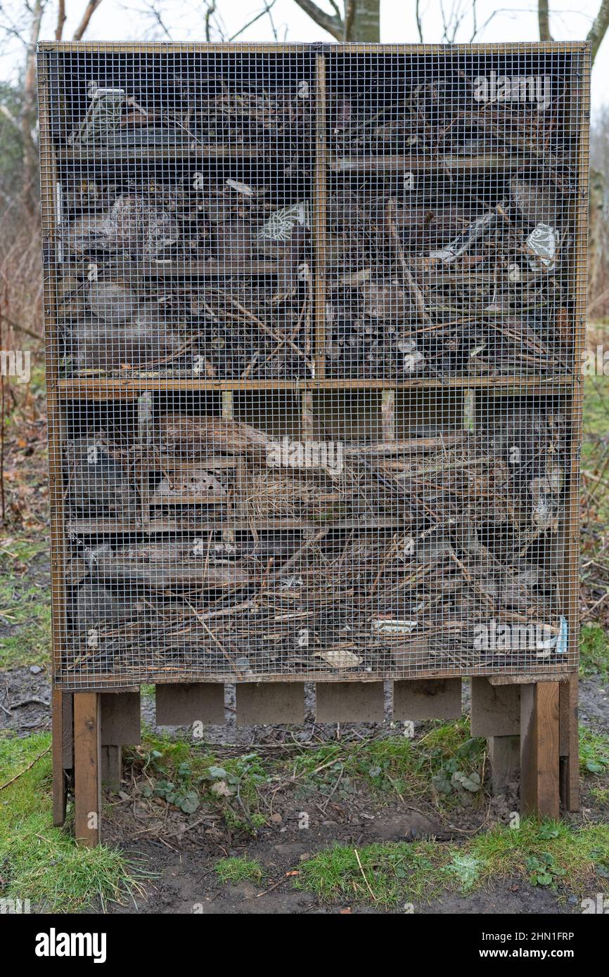 Ein vertikaler Blick auf einen nützlichen Insektenlebensraum oder ein Insektenhotel im Plessey Woods Country Park, Northumberland, Großbritannien. Stockfoto