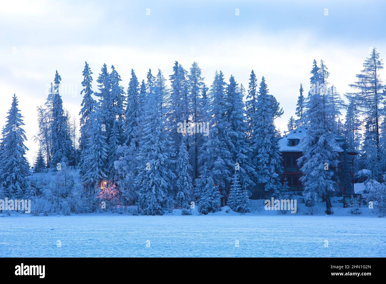 Haus versteckt zwischen Tannen im Schnee, schöne Outdoor-Winterszene. Ufer der Strbske pleso in der Hohen Tatra, beliebtes Reiseziel in der Slowakei Stockfoto