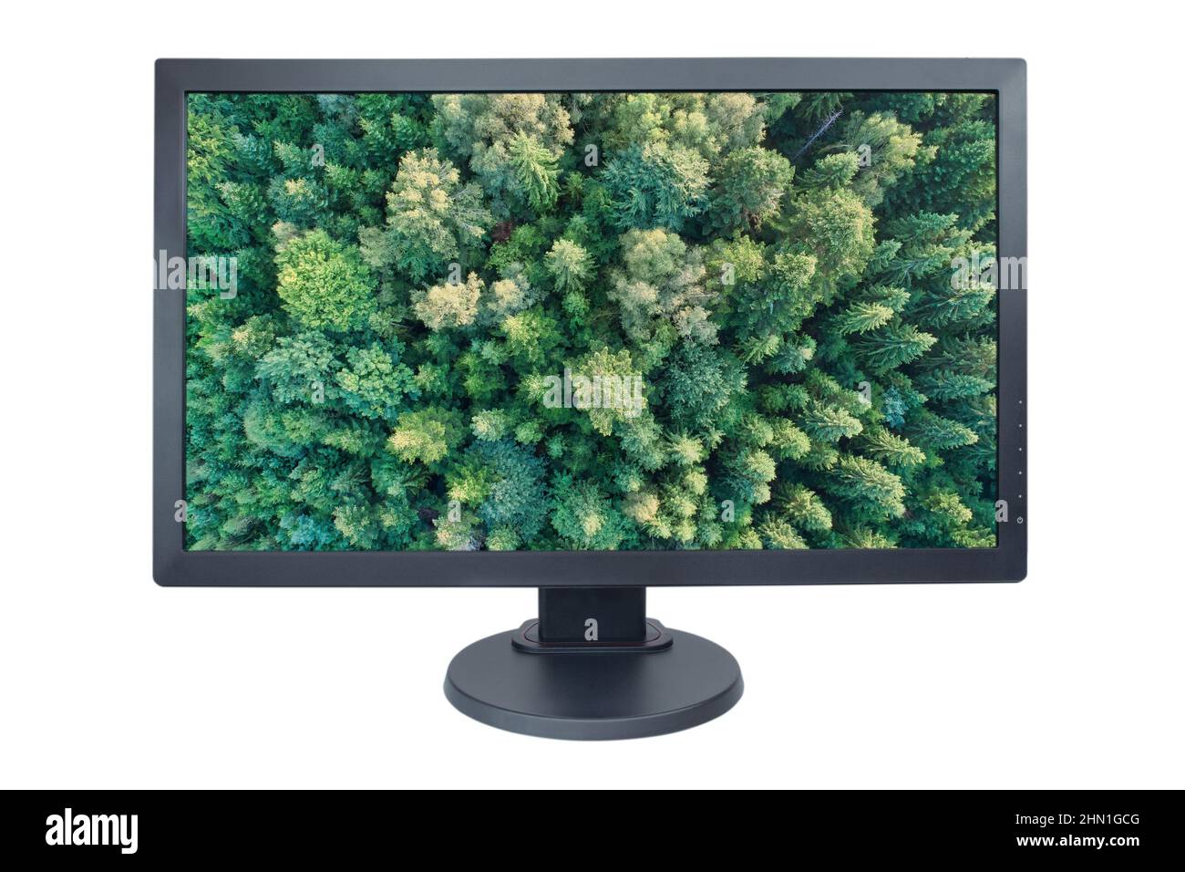 Computermonitor auf Weiß isoliert, während Bildschirmschoner ausgeführt wird Stockfoto