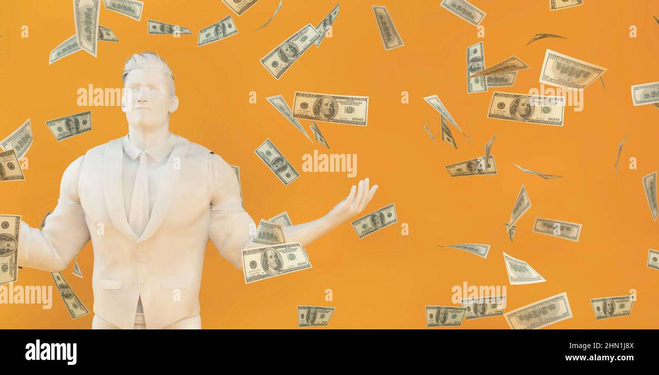 Verdienen Sie einfach Geld mit Geld fallen auf Orange Stockfoto