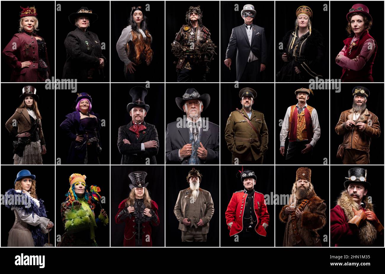 ANMERKUNG DER REDAKTION: Dieses Foto ist eine Fotomontage. Menschen in Kostümen besuchen das Whitby Steampunk Weekend im Whitby Pavilion Theatre in Whitby, Yorkshire. Steampunk ist ein Subgenre von Science Fiction oder Steampunk begann als Subgenre von Science Fiction und Fantasy-Literatur, hat sich aber in den letzten Jahren zu einer Craft- und Lifestyle-Bewegung entwickelt, die häufig einige Aspekte dampfbetriebener Maschinen beinhaltet. Bilddatum: Sonntag, 13. Februar 2022. Stockfoto