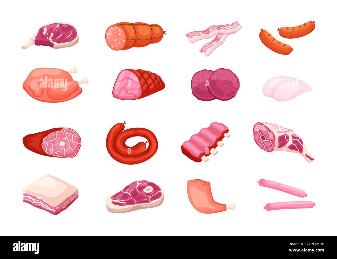 Cartoon-Fleischprodukte. Rohes Schweinefleisch, Rindersteak, Huhn und Lamm, Wurst, Speck und Salami, Verschiedene gastronomische halbfertige Lebensmittel, Tier Stock Vektor
