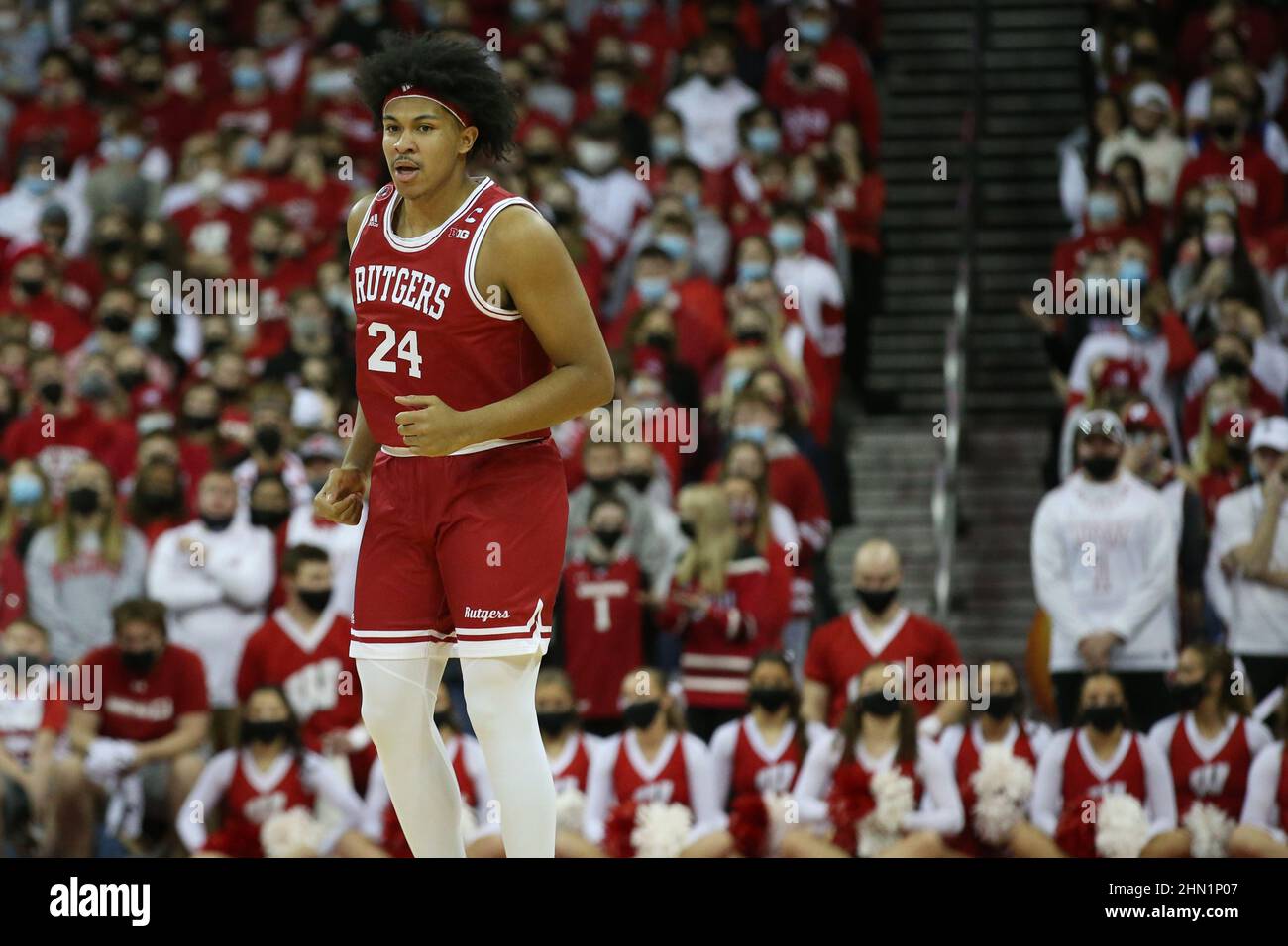 12. Februar 2022: Rutgers Scarlet Knights Forward Ron Harper Jr. (24) während des NCAA Basketballspiels zwischen den Rutgers Scarlet Knights und den Wisconsin Dachsen im Kohl Center in Madison, WI. Darren Lee/CSM Stockfoto