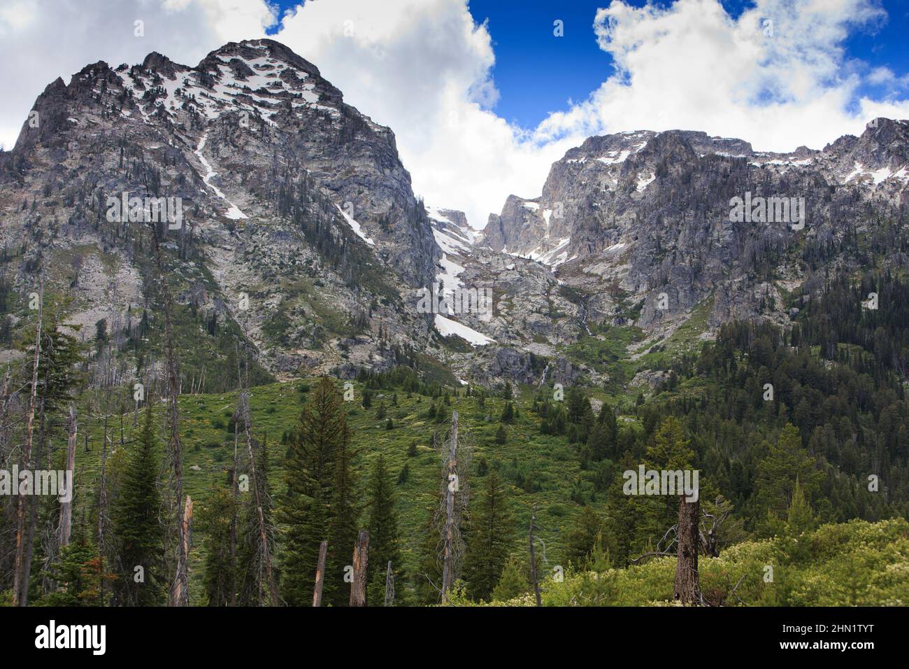 Mount St. John und Laurel Canyon von String Lake Trailhead, Grand Teton NP, Wyoming Stockfoto