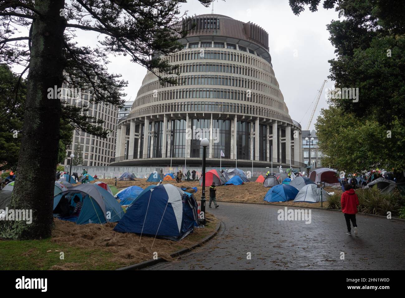 Zelte wurden vor dem Bienenstock und dem parlament bei einem Protest gegen das Impfmandat in Wellington, Neuseeland, am 13. Februar 2022 aufgestellt Stockfoto