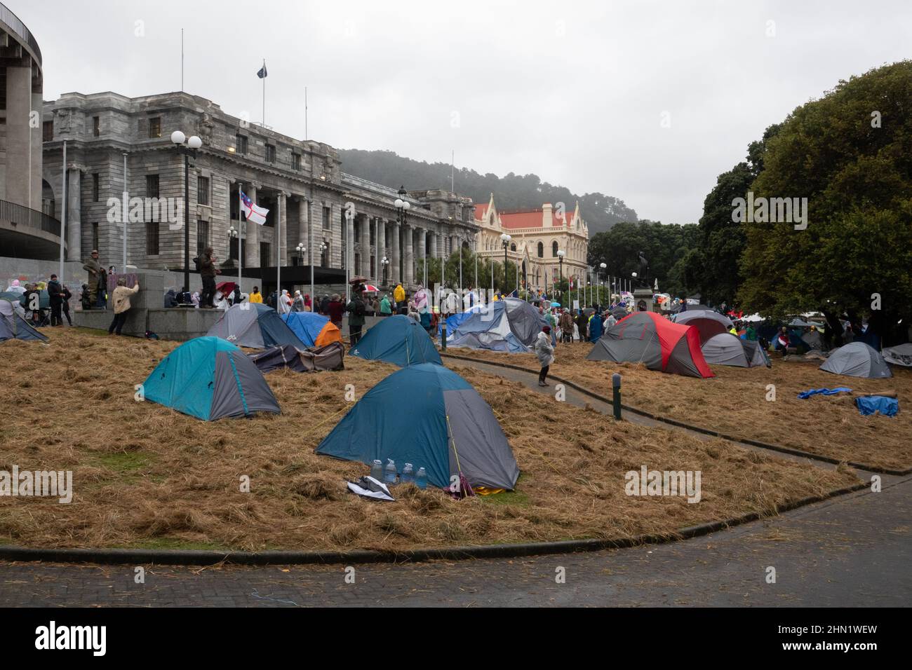 Zelte wurden vor dem parlament bei einer covid-Impfmandat-Protestaktion in Wellington, Neuseeland, am 13. Februar 2022 aufgestellt Stockfoto