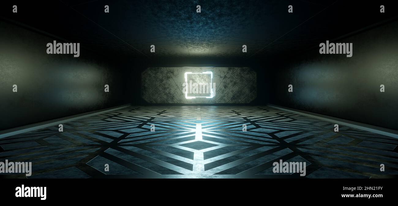 Surreale Technologie Labor Innenraum Glowy Dunkelgrün Farben futuristischer Hintergrund 3D Illustration Stockfoto