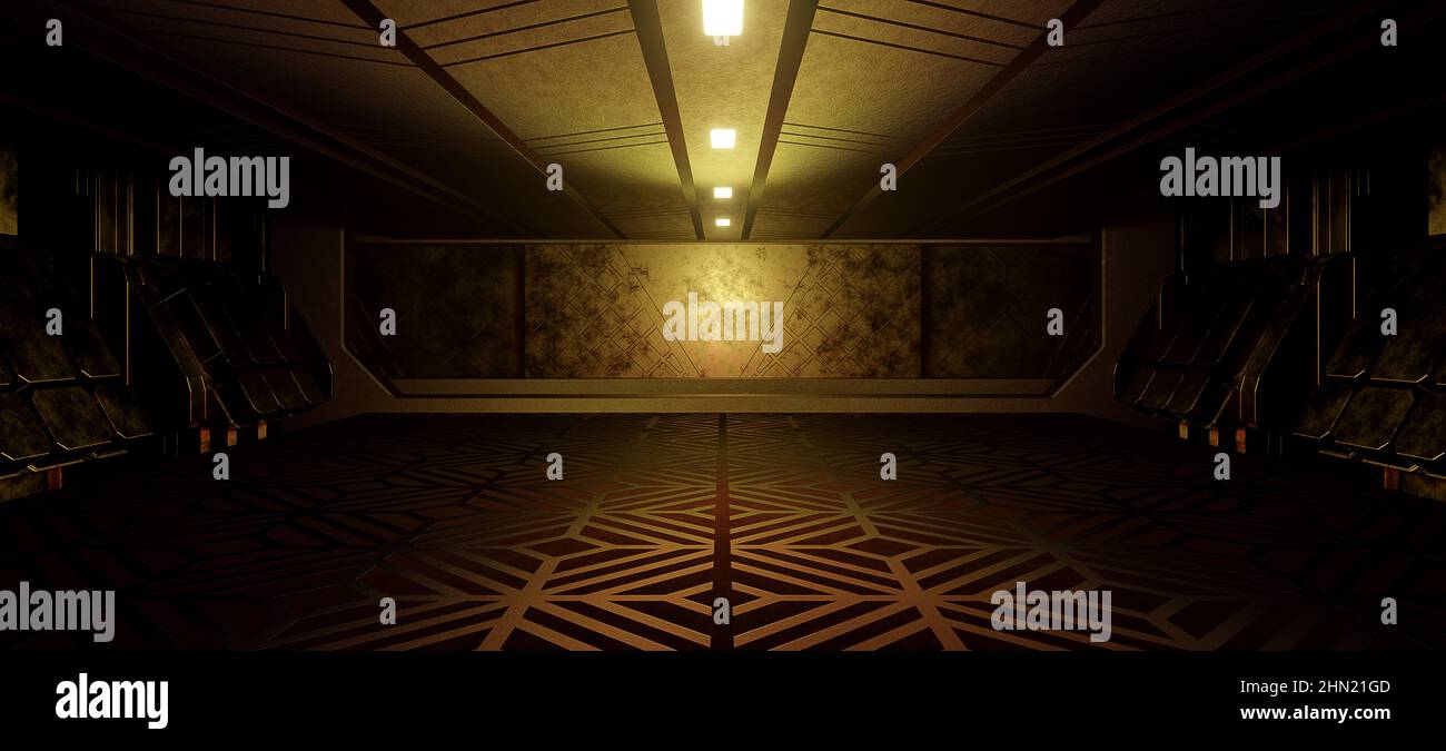 Futuristisches Interieur Technologie Zimmer Glowy Forest Grün Farben abstrakter Hintergrund 3D Rendering Stockfoto