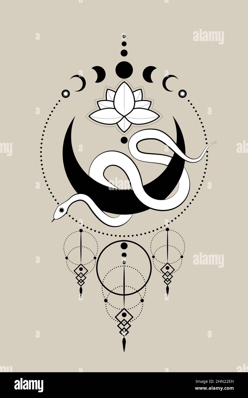 Weiße Schlange auf Halbmond und Lotusblume, Heilige Geometrie. Mondphasen, schwarzer Halbmond heidnische Wiccan Göttin Symbol, Wicca Zeichen, Energie Kreis Stock Vektor
