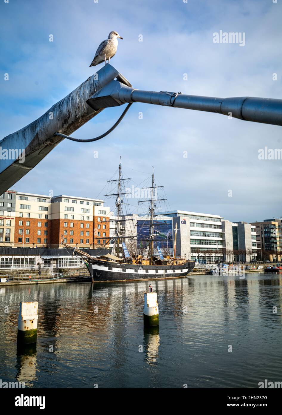 Eine Möwe ruht auf einer Unterstützung auf der Sean O'Casey Bridge über den Fluss Liffey in Dublin, Irland, neben dem Schiff Jeanie Johnston Custom House Quay. Stockfoto
