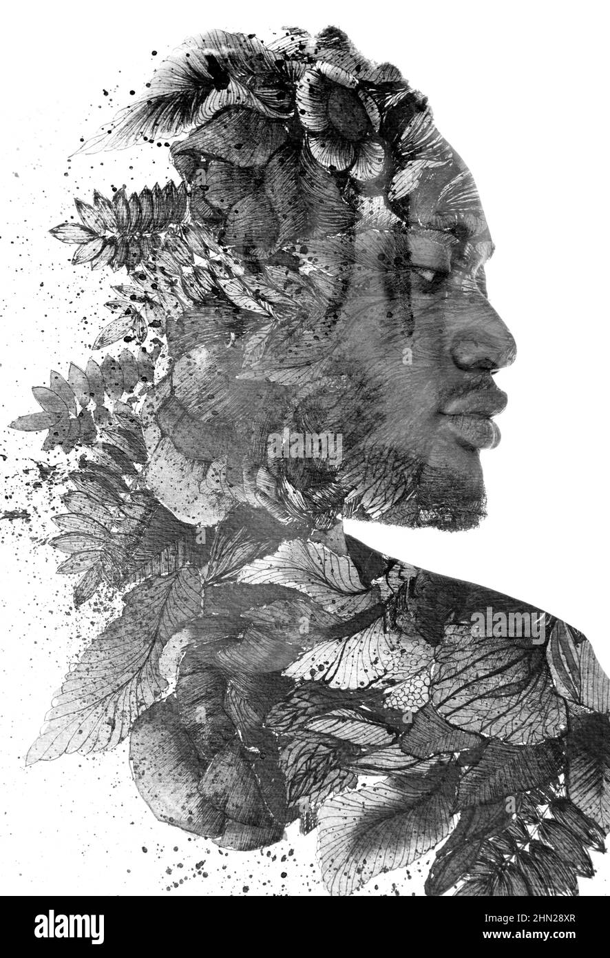 „Ein Porträt eines jungen Mannes kombiniert mit einem Tintengemälde. Paintographie...' Stockfoto