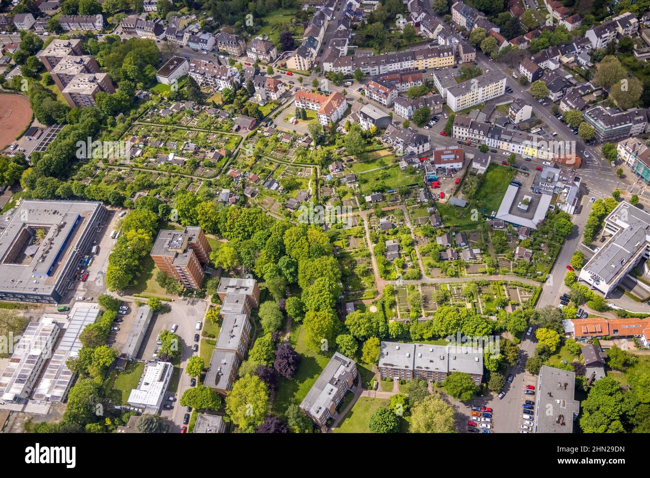 Luftaufnahme, Heisterbusch-Schrebergartenverein, Broich - Ost, Mülheim an der Ruhr, Ruhrgebiet, Nordrhein-Westfalen, Deutschland, DE, Europa, CO Stockfoto