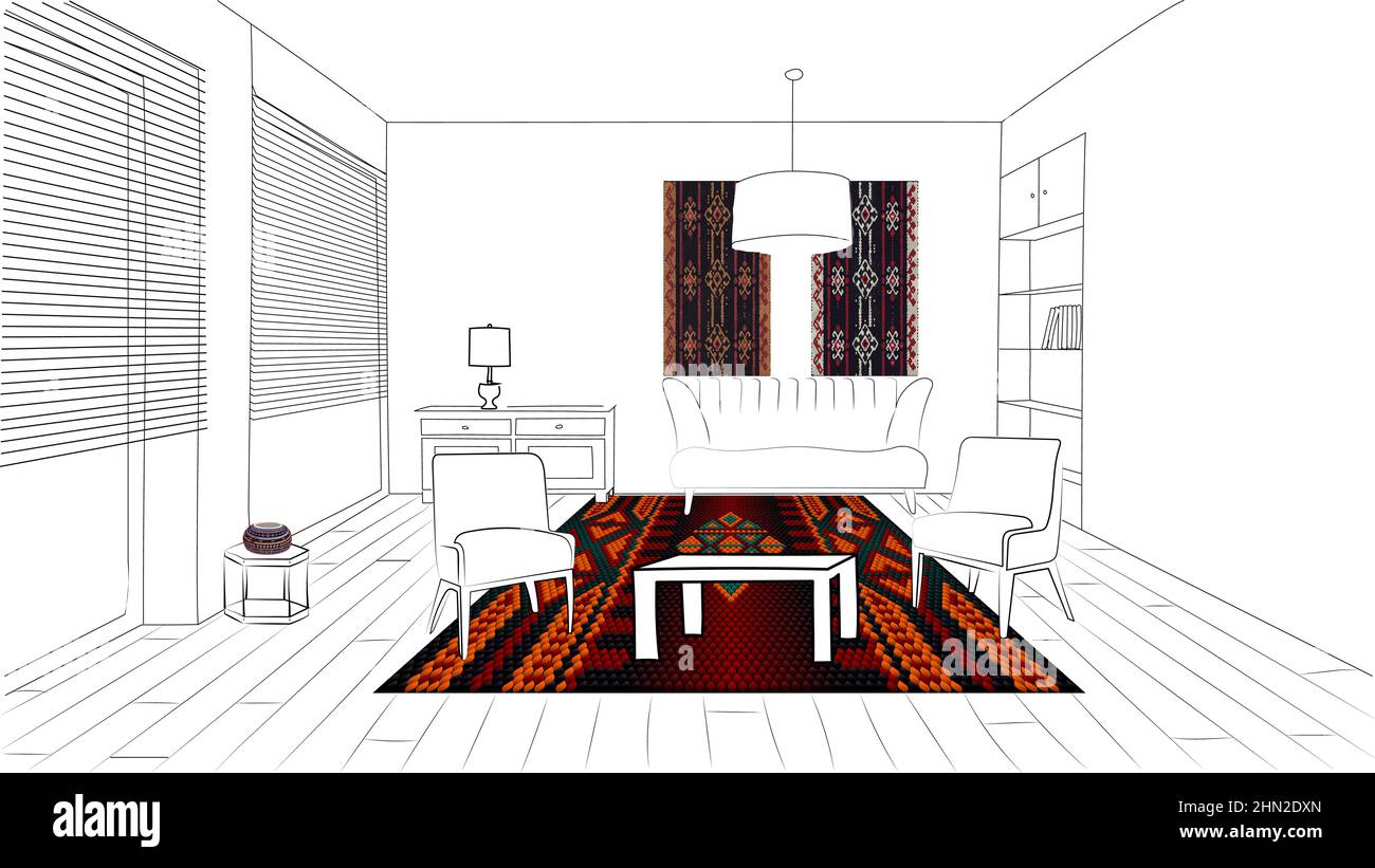 Grafische Zeichnung des Interieurs im Stil des Minimalismus. Mit der Verwendung von nationalen Ornamenten im Inneren. Stock Vektor