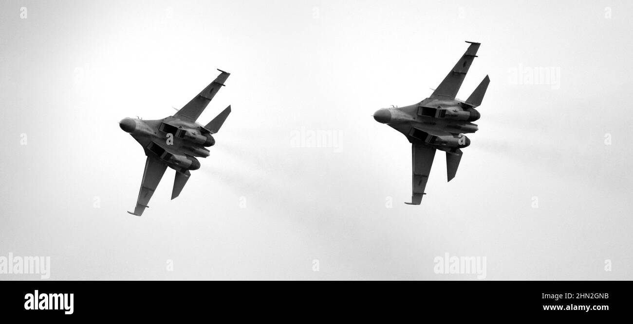 Ukrainische Luftstreitkräfte, Suchoi Su-27 Flanker, militärische Kampfflugzeuge, Vasylkiw Air Base, Ukraine, Geist von Kiew Stockfoto