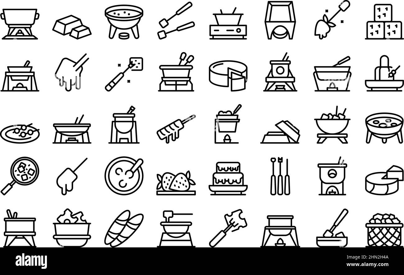 Fondue-Symbole legen den Umrissvektor fest. Käse geschmolzen. Kochen Küche Stock Vektor