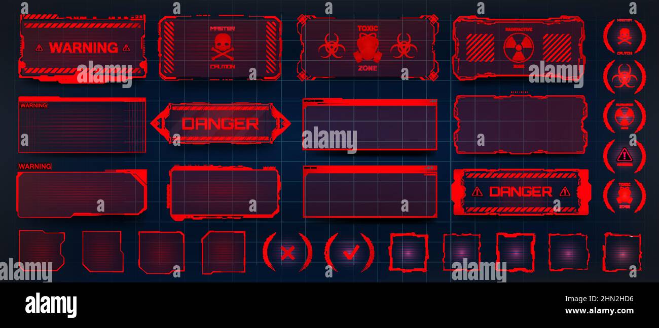 Rote Warntafeln, Hologramme, Bildschirmrahmen. HUD-Stil Stock Vektor