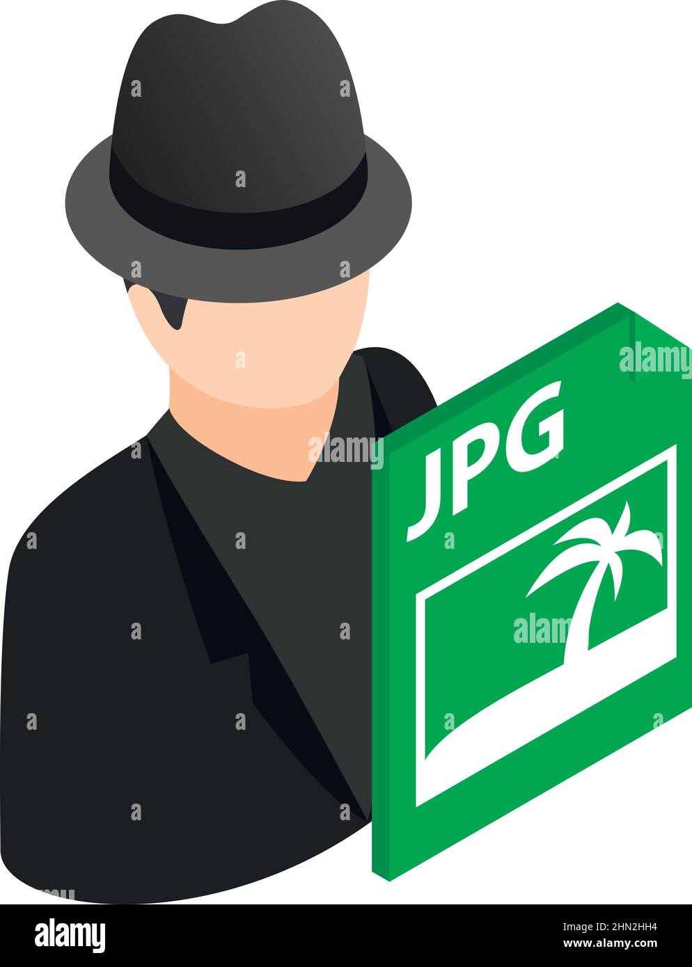 Isometrischer Vektor des Hacking-Angriffssymbols. Gesichtsloser Charakter-Hacker, JPG-Dateiformat. Betrug, Cyberkriminalität, Piratentum, Internetsicherheit Stock Vektor