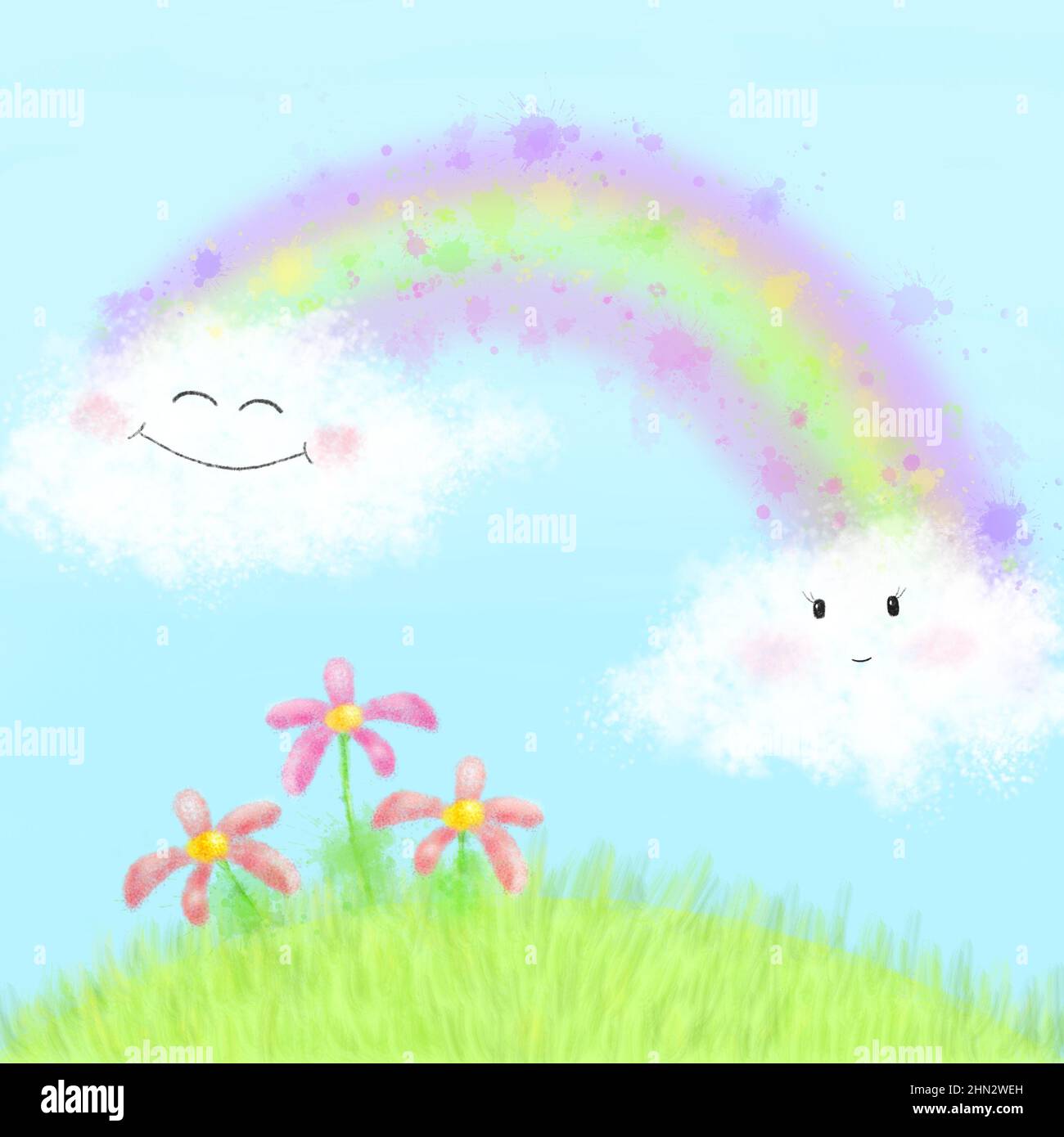 Glänzender Regenbogen mit schönen Wolken Handzeichnen Illustration Stockfoto