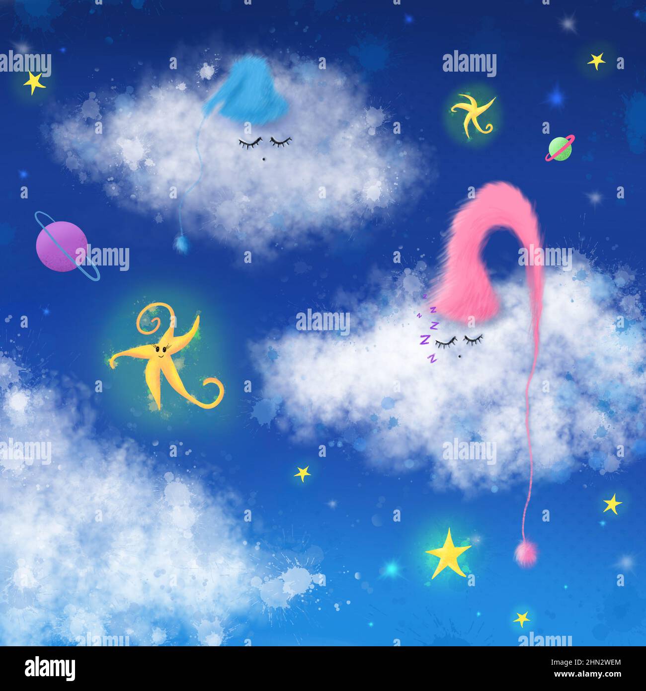 Niedliche, schlaffige Wolken am Himmel, süße Träume und gute Nacht Hintergrund Handzeichung Illustration Stockfoto