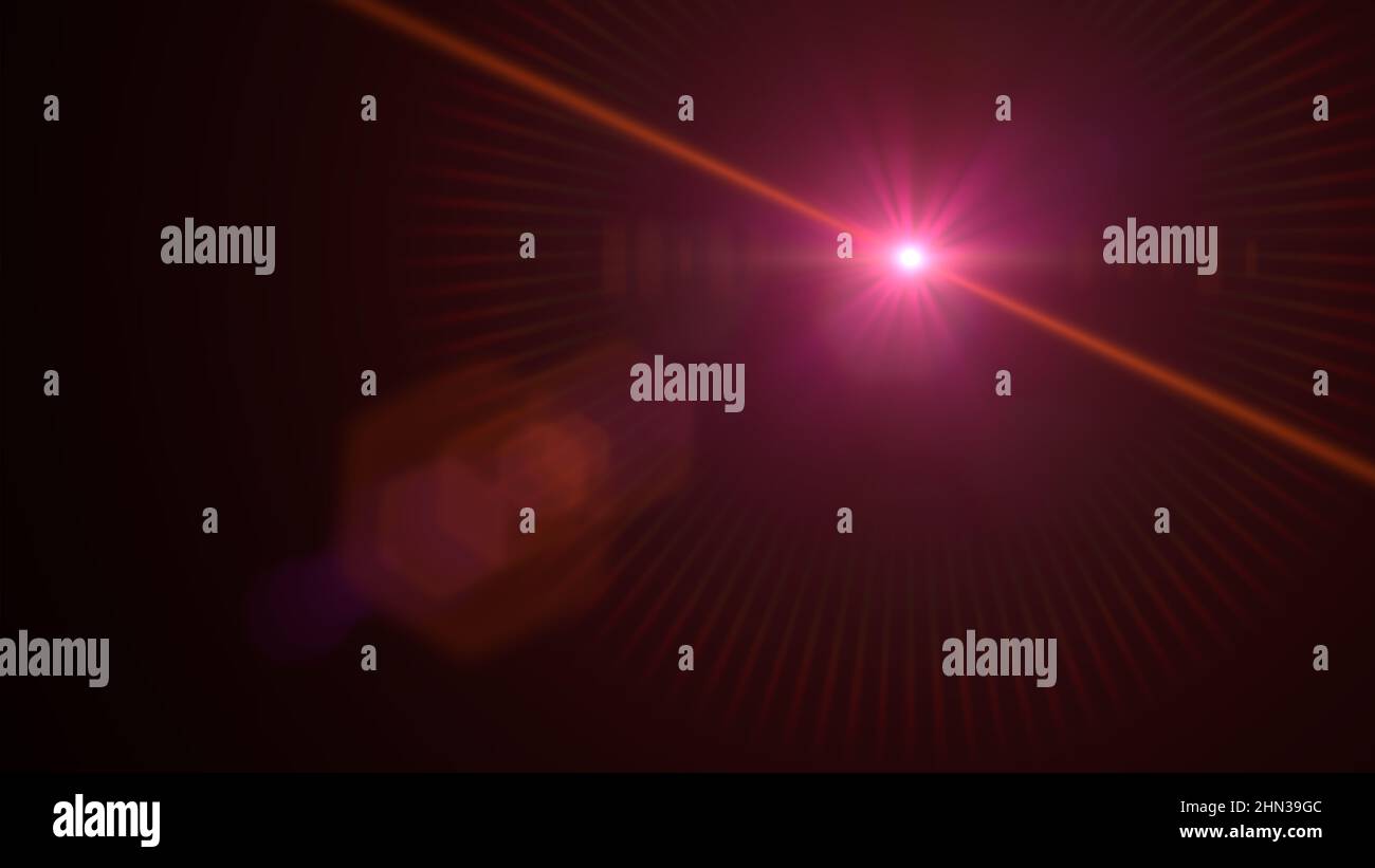 überlagerung aus 8K Linsen mit Flare-Effekt, Bokeh-Effekt und Lichtstreifen in Pink, Orange und Rot mit schwarzem Hintergrund Stockfoto