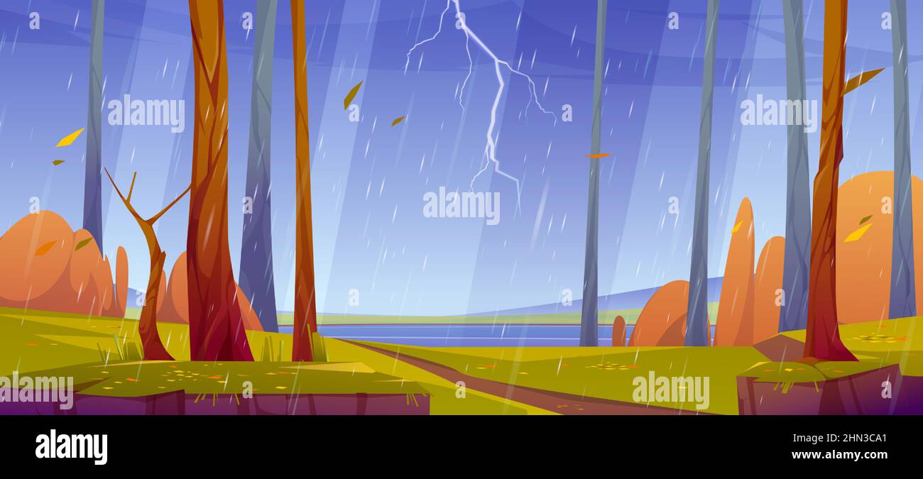 Waldlandschaft mit Gewitter. Herbstszene mit See, Pfad und Bäumen mit orangefarbenen Blättern im Regen. Vektor-Cartoon-Illustration von Herbstwäldern, See und Blitz in Himmel Stock Vektor