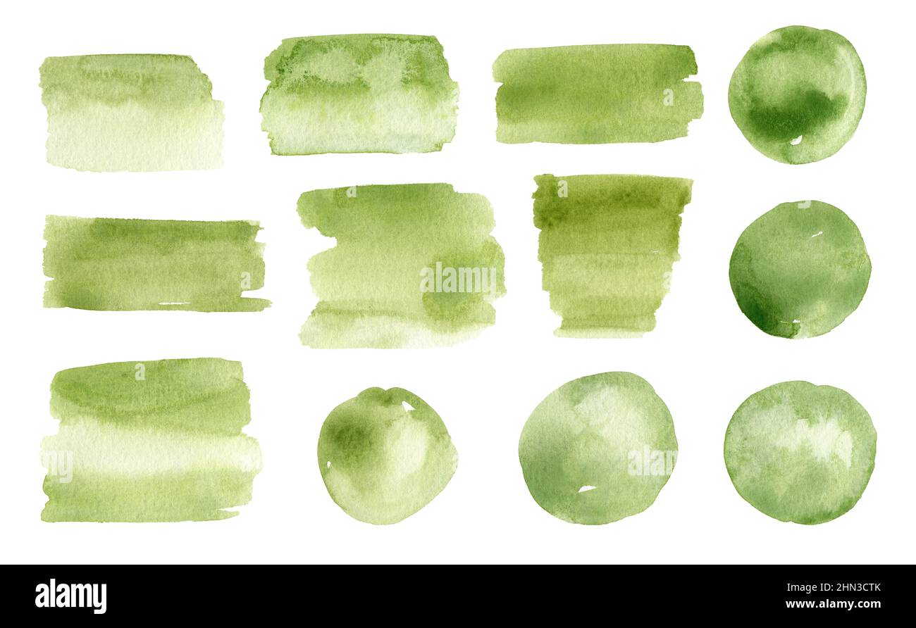 Satz von abstrakten Aquarellflecken und Pinselstrichen von grüner Farbe isoliert auf weißem Hintergrund. Runde und rechteckige Farbflecken. Stockfoto