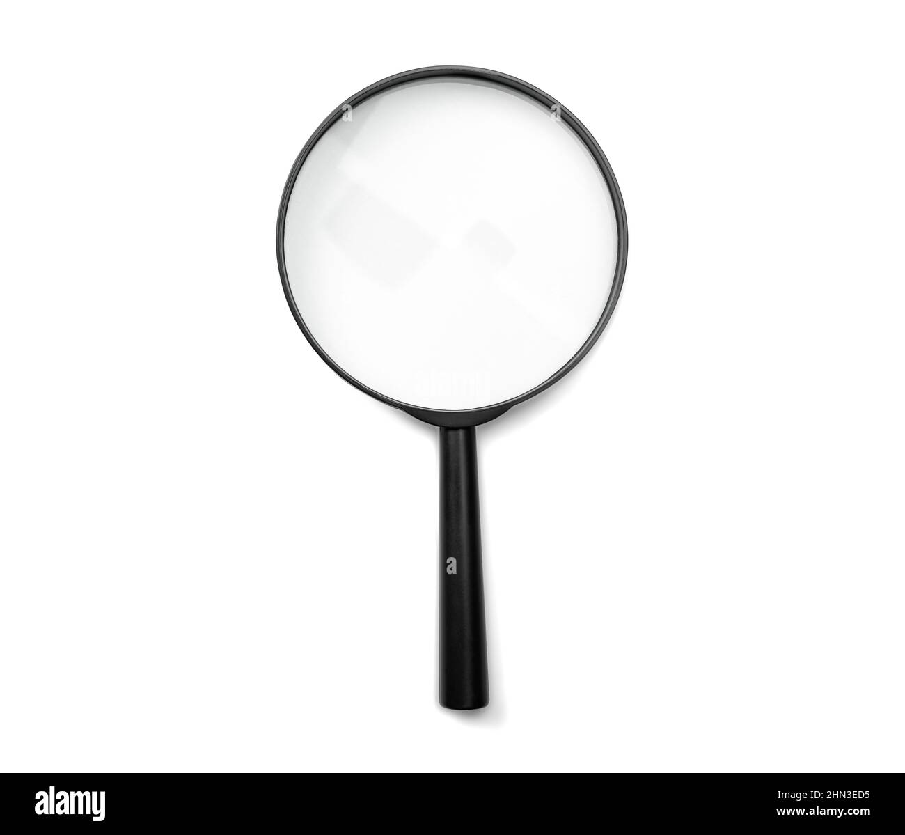 Schwarze Farbe der Lupe isoliert auf Weiß. Recherchieren, suchen oder untersuchen. Draufsicht Stockfoto