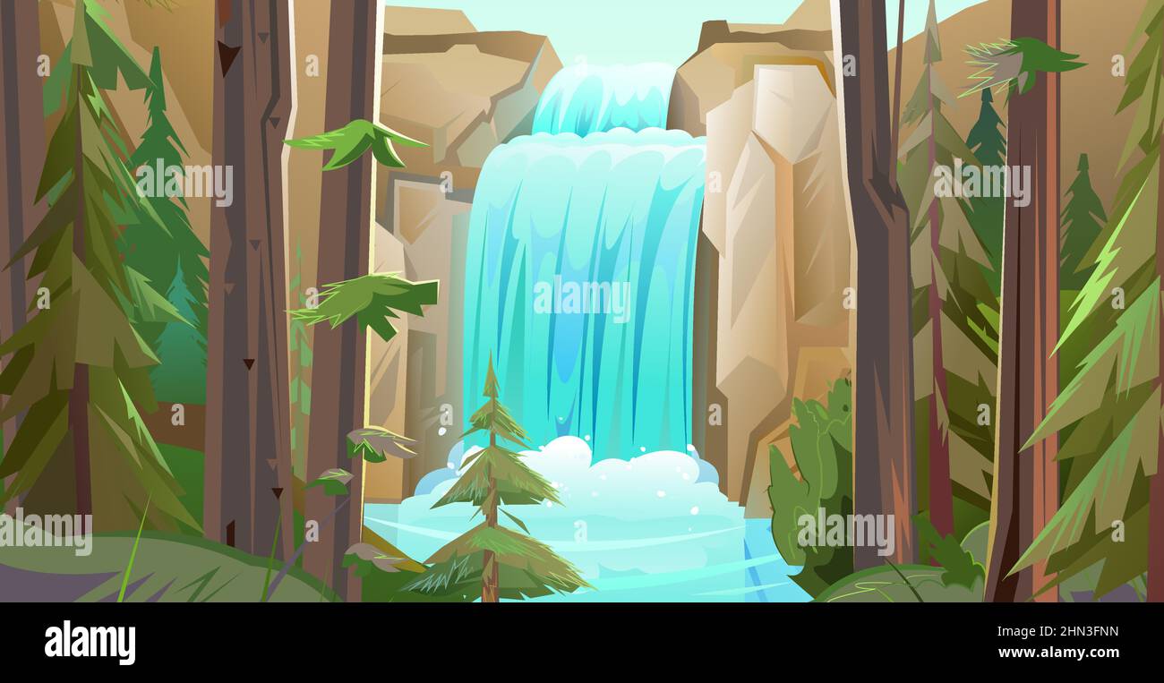 Sommerlandschaft mit Wasserfall zwischen Felsen. Kaskade schimmert nach unten. Fließendes Wasser. Schöner Cartoon-Stil. Nadelbäume. Flaches Design. Vektor. Stock Vektor