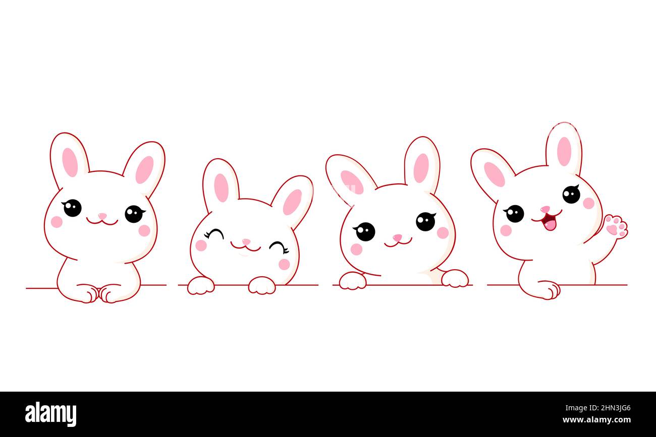 Set von niedlichen kleinen Hasen. Bordüren mit Kawaii weißen Hasen. Sammlung von Kaninchen mit verschiedenen Emotionen - lustig, glücklich, überrascht. Kann für t verwendet werden Stock Vektor