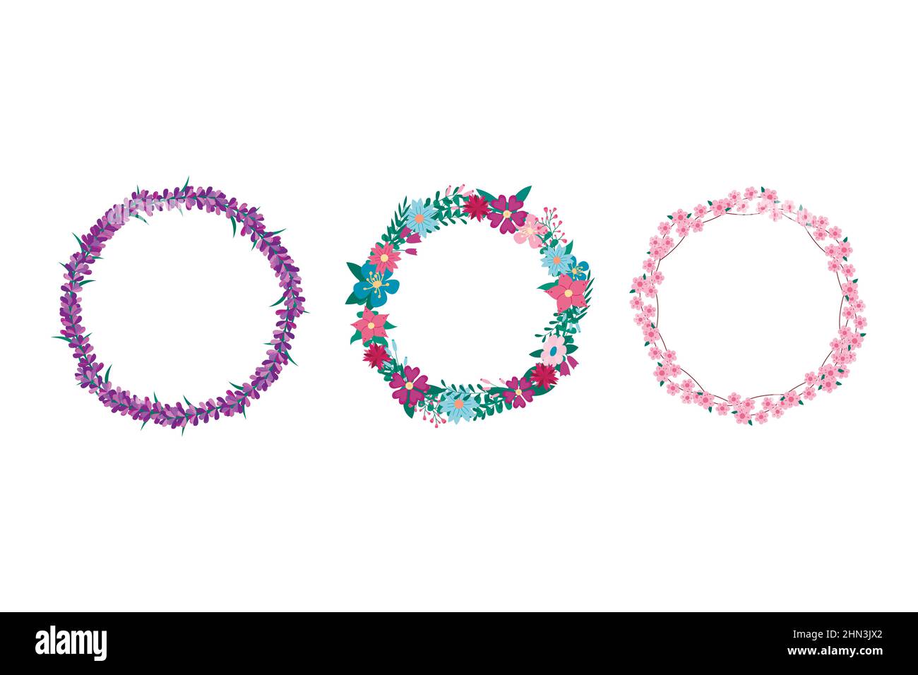Runder Rahmen mit Blumenmuster, isoliert auf weißem Hintergrund. Vektor-Set von Kränzen mit Lavendel, Wiesenblumen und Sakura-Blüte. Flache Vignetten mit Blumenmuster Stock Vektor