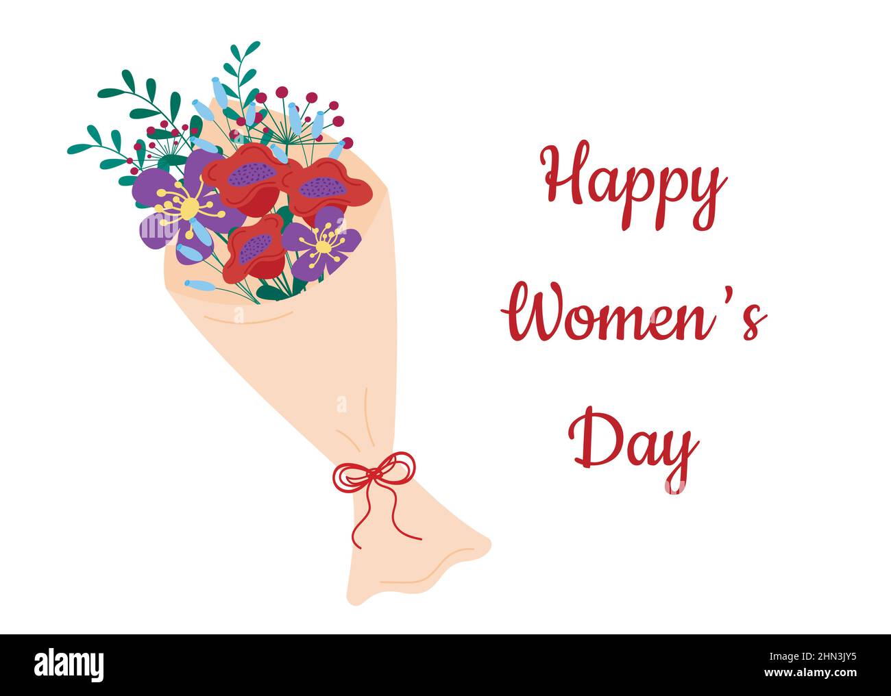 Glückwunschkarte zum Frauentag. Blumenstrauß in Öko-Papier-Verpackung isoliert als Geschenk für Frau. Abstrakter Blütenstrauß. Vektorgrafik flach Stock Vektor