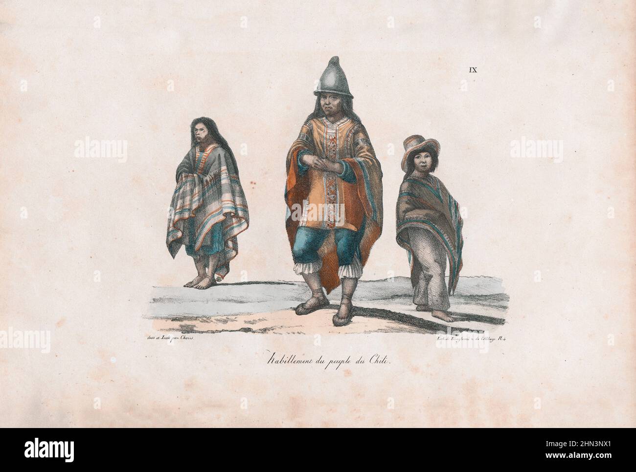 Farblithographie von Kleidung der Menschen in Chile. 1822, von Louis Choris. Stockfoto