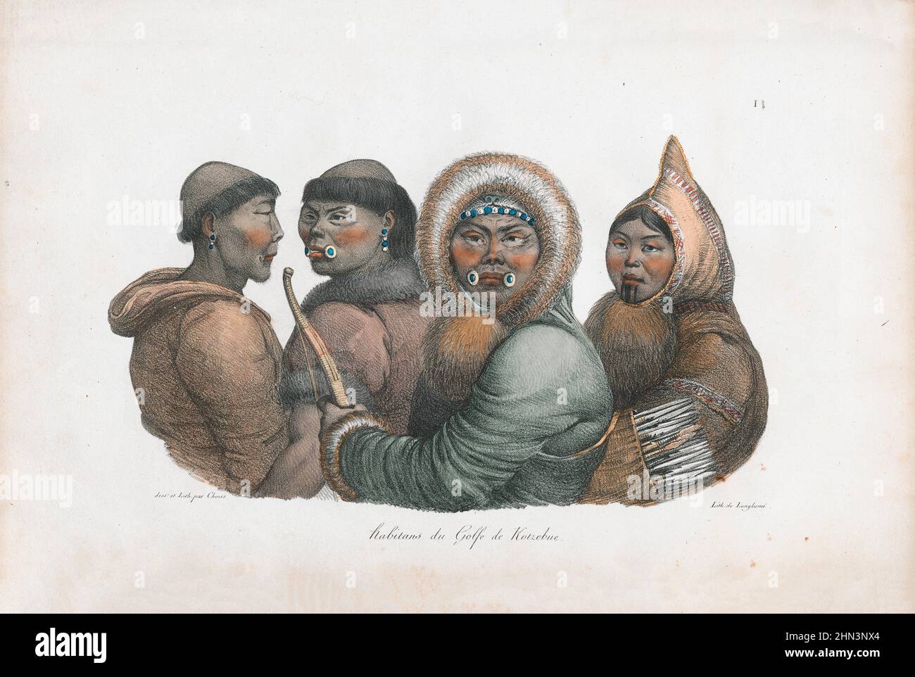 Vintage-Farbdarstellung der Bewohner des Kotzebue-Sounds. 1822, von Louis Choris. Kotzebue Sound ist ein Arm der Tschuktschen See im westlichen Reg Stockfoto