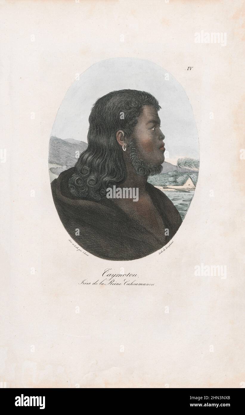 Vintage-Illustration von Caymotou, Bruder der Königin Cahoumanou (Hawaiianische Inseln). 1822, von Louis Choris. Die Hawaiianischen Inseln (Sandwichinseln) sind es Stockfoto