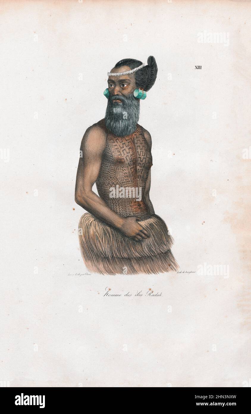 Vintage-Farbdarstellung des Mannes auf den Radak-Inseln (Marshall-Inseln). 1822, von Louis Choris. Die Marshallinseln sind ein unabhängiges Inselland in der Nähe Stockfoto