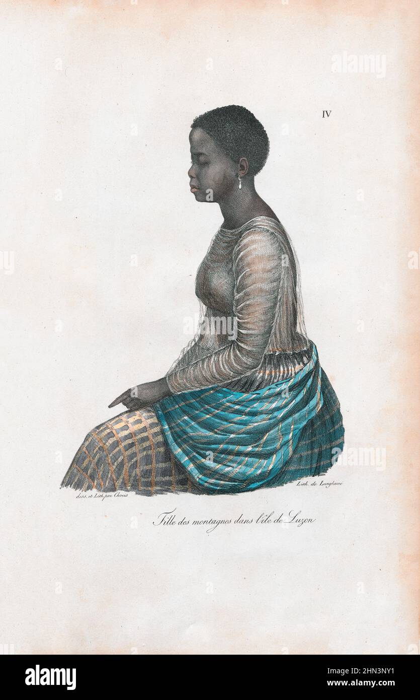 Vintage-Farbdarstellung eines Mädchens aus den Bergen auf der Insel Luzon. 1822, von Louis Choris. Luzon ist die größte und bevölkerungsreichste Insel in Stockfoto