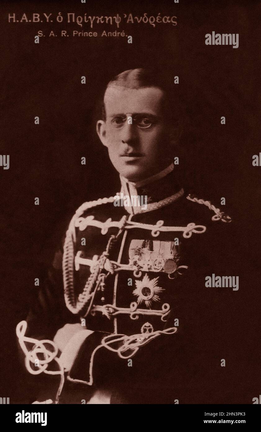 Alte griechische Postkarte von Prinz Andreas von Griechenland und Dänemark. Prinz Andreas von Griechenland und Dänemark (1882–1944) des Hauses Schleswig-Holstein-Sond Stockfoto