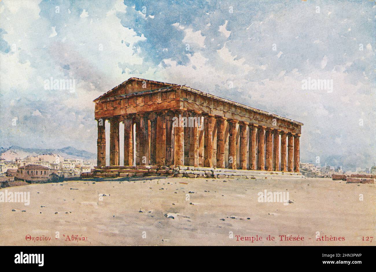 Vintage-Farbpostkarte des Hephaisteion-Tempels. 19th Jahrhundert. Der Tempel des Hephaistus oder Hephaisteion (früher irrtümlich der Th Stockfoto