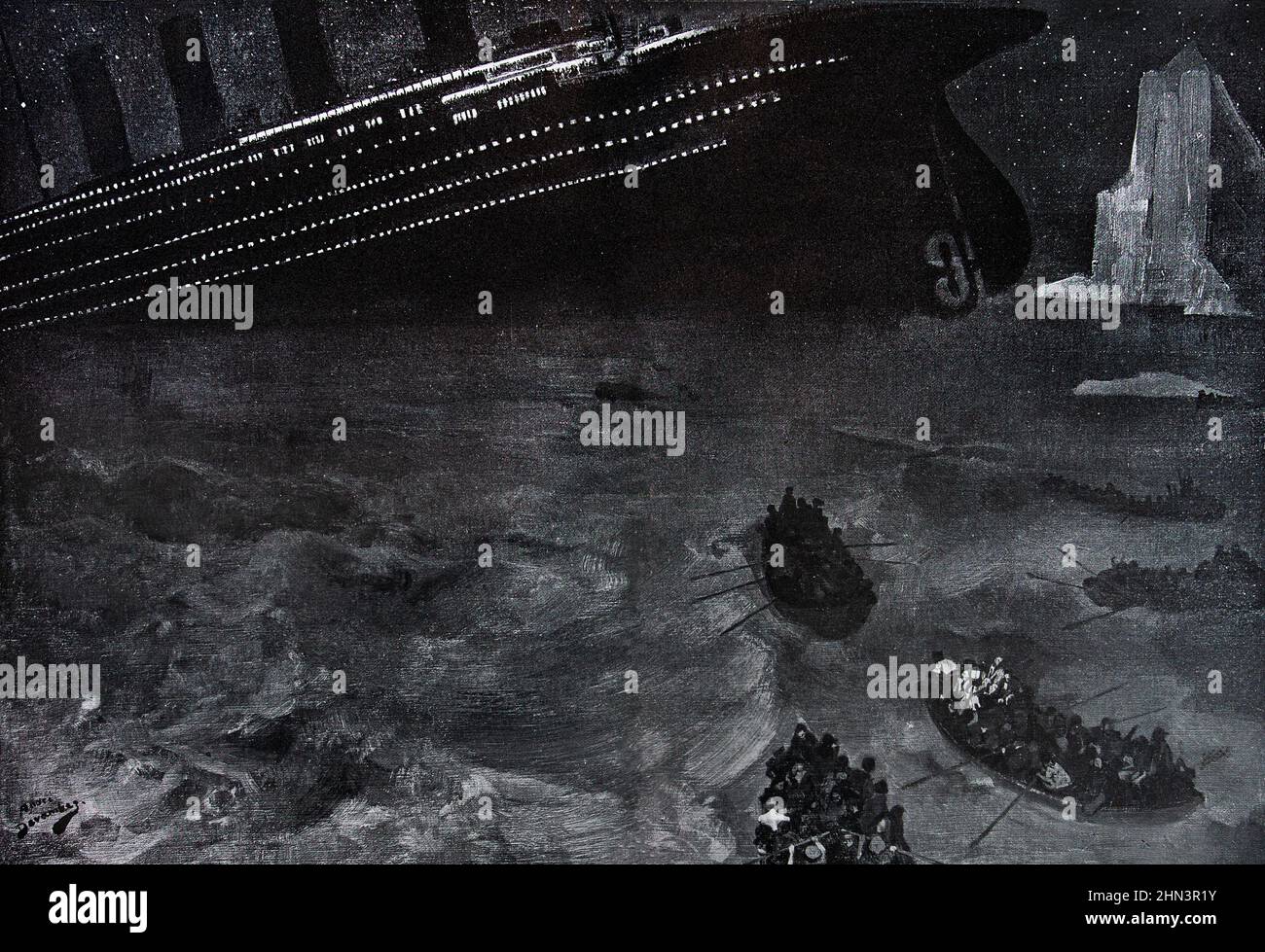 Vintage-Illustrationen vom Untergang der 'Titanic' mit Rettungsbooten im Vordergrund. 15. April 1912 Stockfoto
