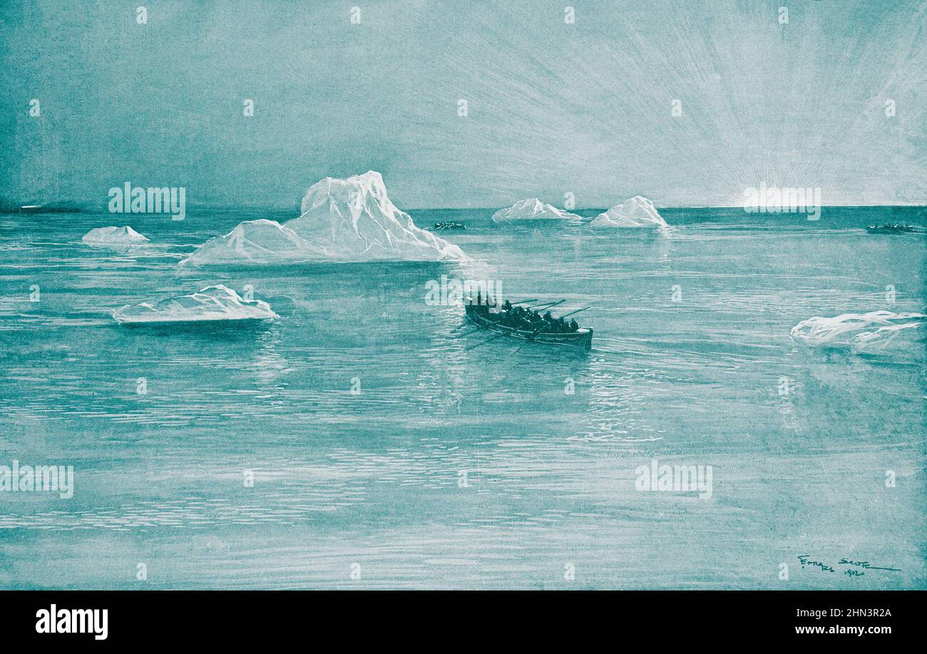 Vintage-Illustration der Morgendämmerung, die der tragischen Nacht des Untergangs der 'Titanic' folgte, mit Rettungsboot im Vordergrund. 15. April 1912 Stockfoto