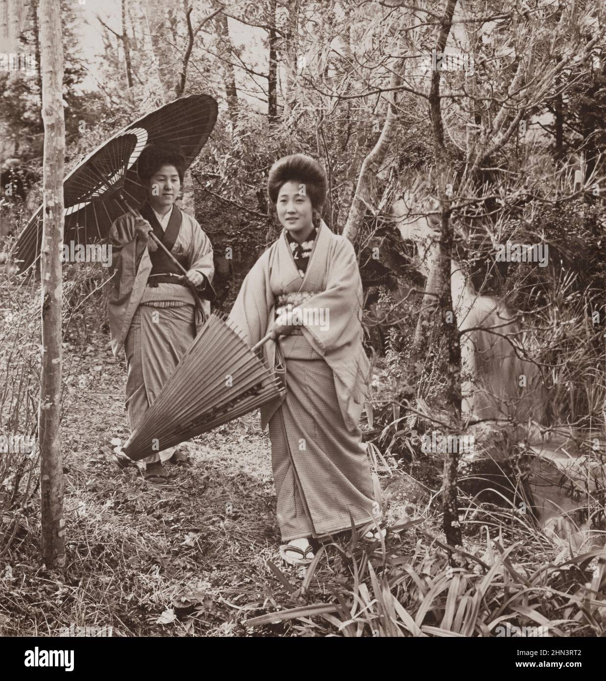 Vintage-Foto von japanischen Frauen mit Sonnenschirmen und Kimono. 1905 Stockfoto