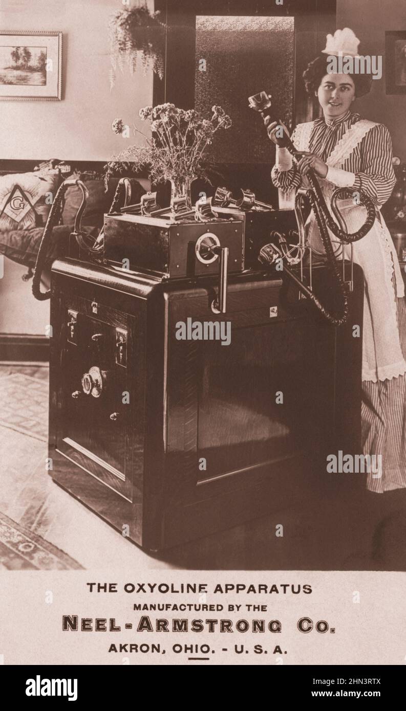 Vintage-Foto des Oxyolinapparates: Hergestellt von der Neel-Armstrong Co., Akron, Ohio, USA Diese Postkarte ist eine Werbung für den Neel-Arm Stockfoto