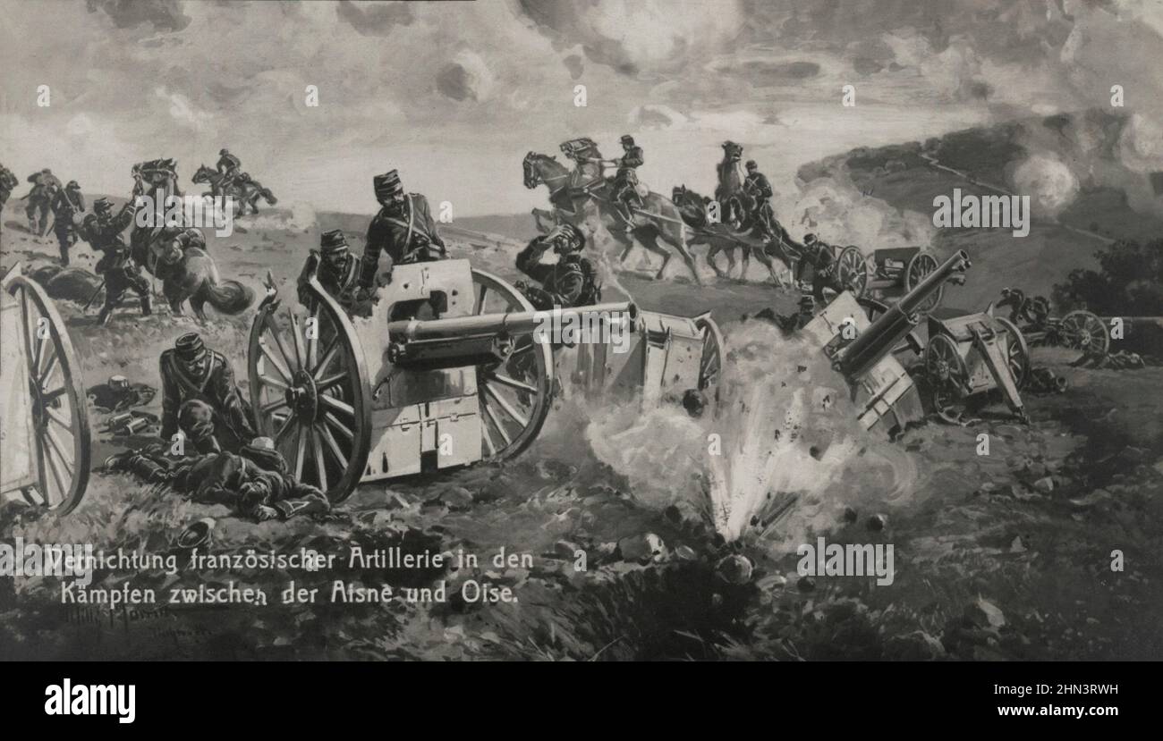 Alte Postkarten des Ersten Weltkriegs Zerstörung der französischen Artillerie in den Kämpfen zwischen der Aisne und Oise. 1914-1918 Stockfoto