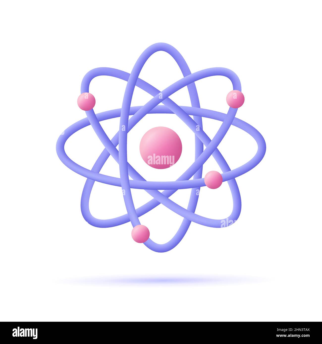 Atom, orbitale Elektronen. Kernenergie, wissenschaftliche Forschung, molekulare Chemie, physikalisches Wissenschaftskonzept. 3D Vektorsymbol. Minimalistischer Cartoon-Stil. Stock Vektor