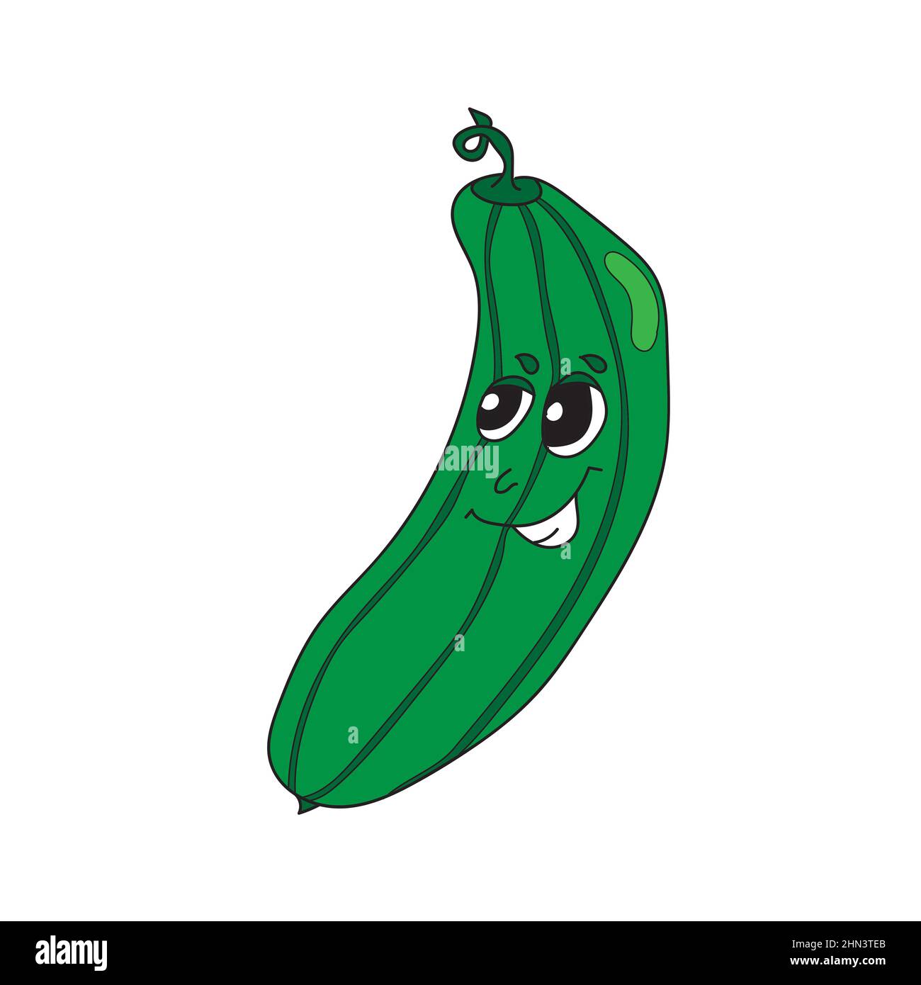 Glücklich smilling süße Gurke. Vektor-Cartoon-Charakter auf weißem Hintergrund isoliert. Gesundes Essen, vegetarisches Konzept Stock Vektor