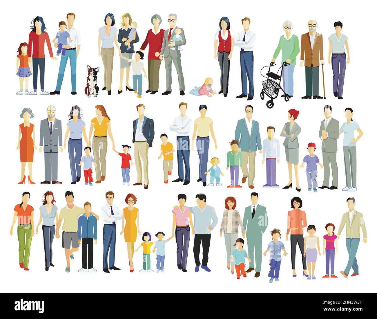 Eltern und Kinder, Familiengruppen auf weiß isoliert, Illustration Stock Vektor